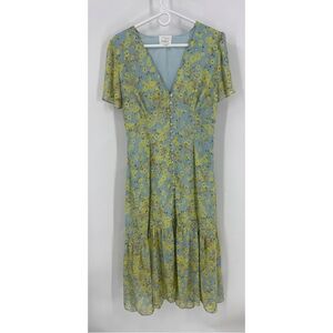 Lost + Wander Daisy Fields Ruffle Midi Floral V-Neck Dress in Blue/Yellow dress